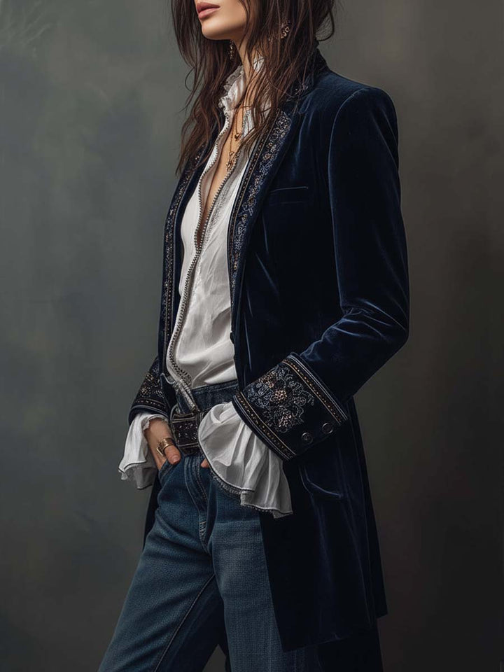Lindsey | Long Vintage Velvet Jacket with Embroidery