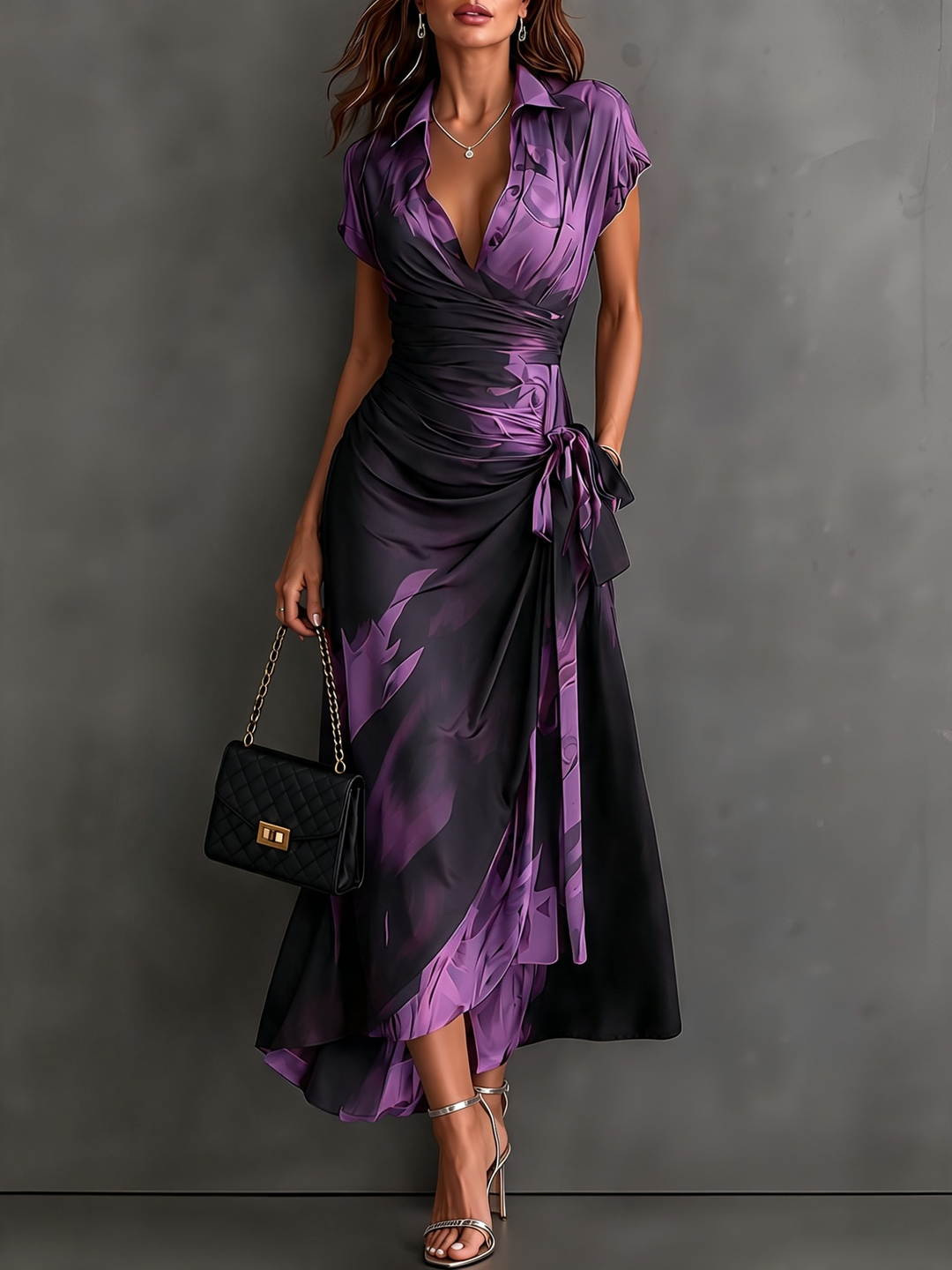 Red and Black Abstract Print Wrap Midi Dress, V-Neck Collared, Short Sleeve, Tie Waist, Asymmetrical Hem with Ruffles