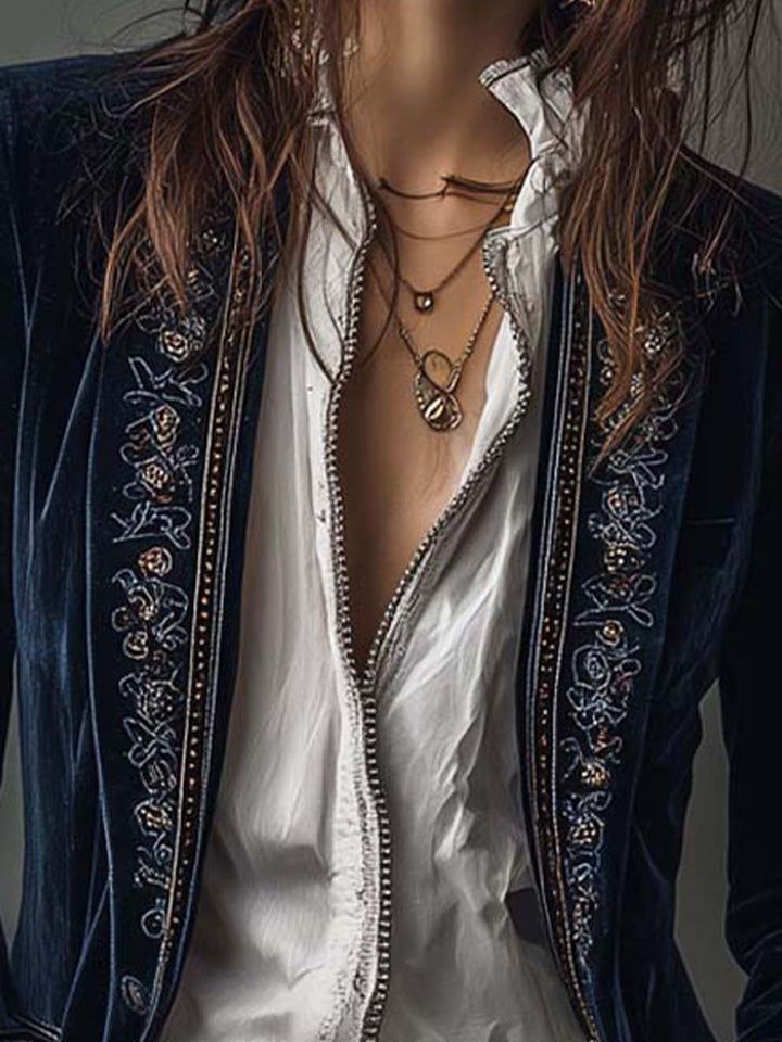 Lindsey | Long Vintage Velvet Jacket with Embroidery