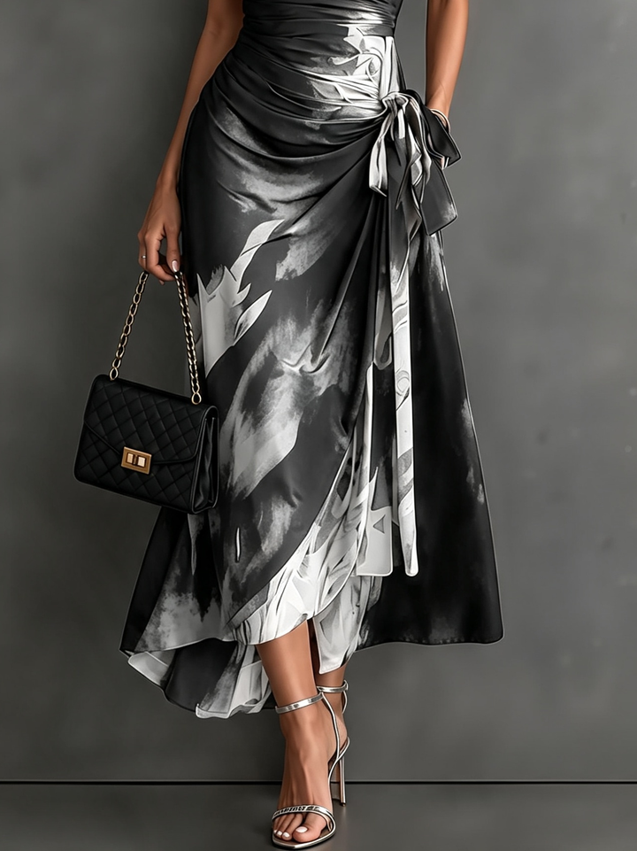 Red and Black Abstract Print Wrap Midi Dress, V-Neck Collared, Short Sleeve, Tie Waist, Asymmetrical Hem with Ruffles
