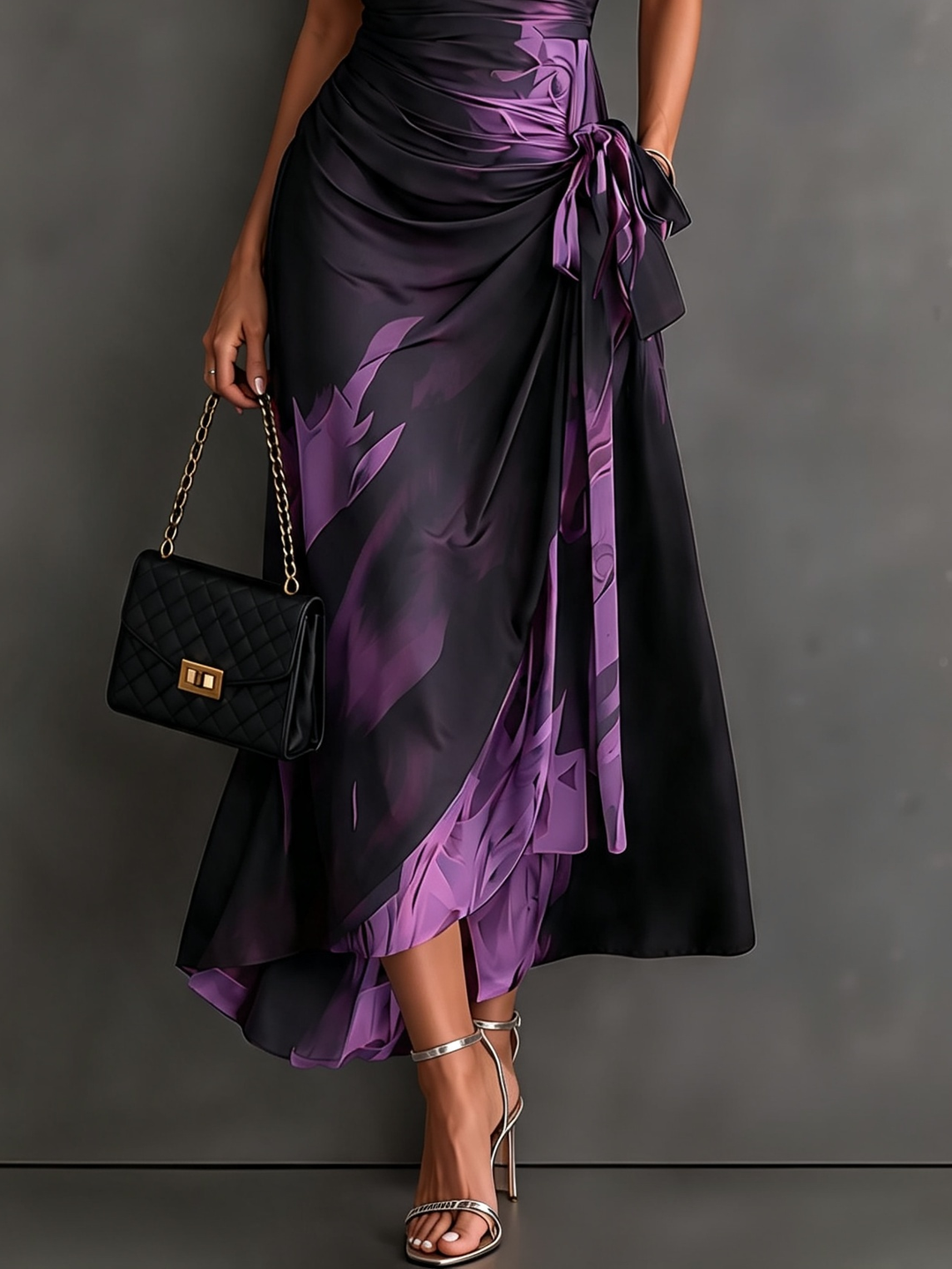 Red and Black Abstract Print Wrap Midi Dress, V-Neck Collared, Short Sleeve, Tie Waist, Asymmetrical Hem with Ruffles