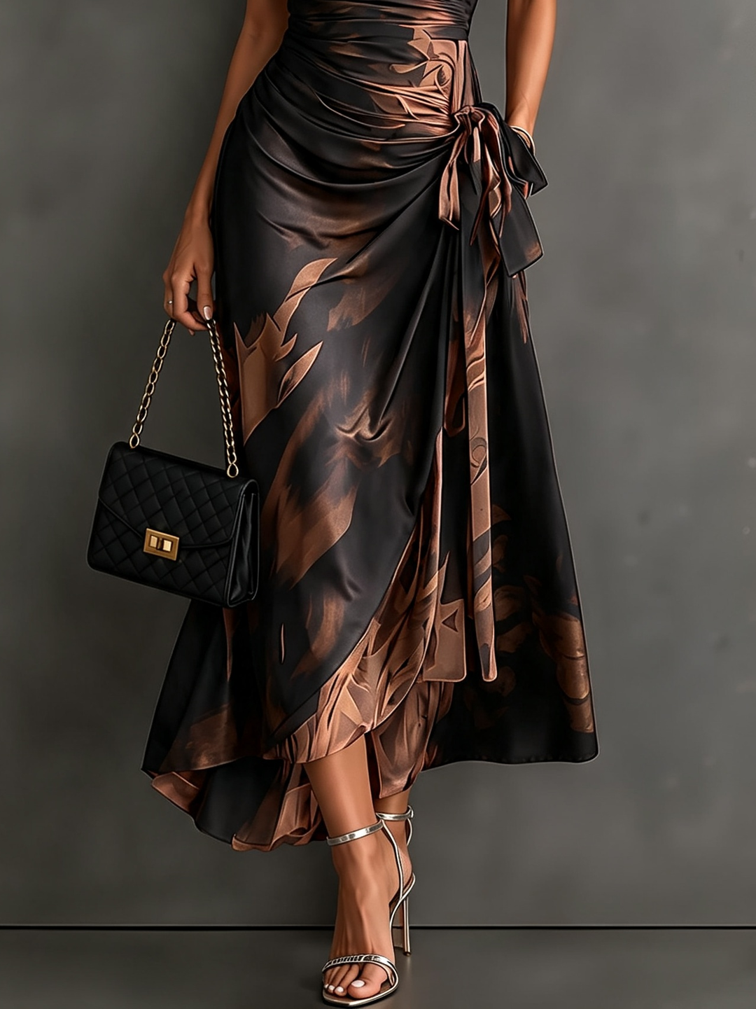 Red and Black Abstract Print Wrap Midi Dress, V-Neck Collared, Short Sleeve, Tie Waist, Asymmetrical Hem with Ruffles