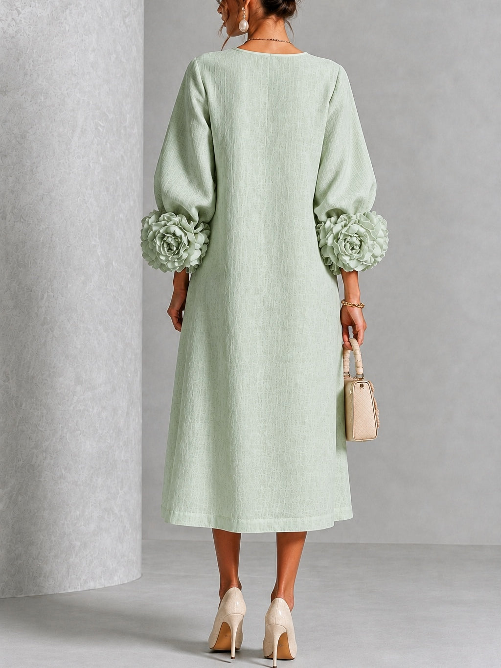 Mystic Sage Midi Dress with Flower Buttons and Extravagant Flower Sleeves
