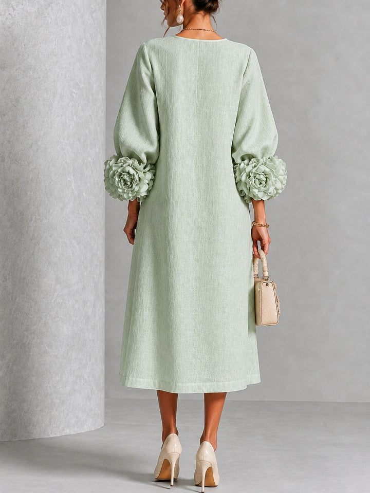 Mystic Sage Midi Dress with Flower Buttons and Extravagant Flower Sleeves