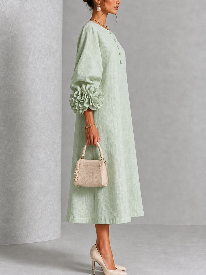 Mystic Sage Midi Dress with Flower Buttons and Extravagant Flower Sleeves
