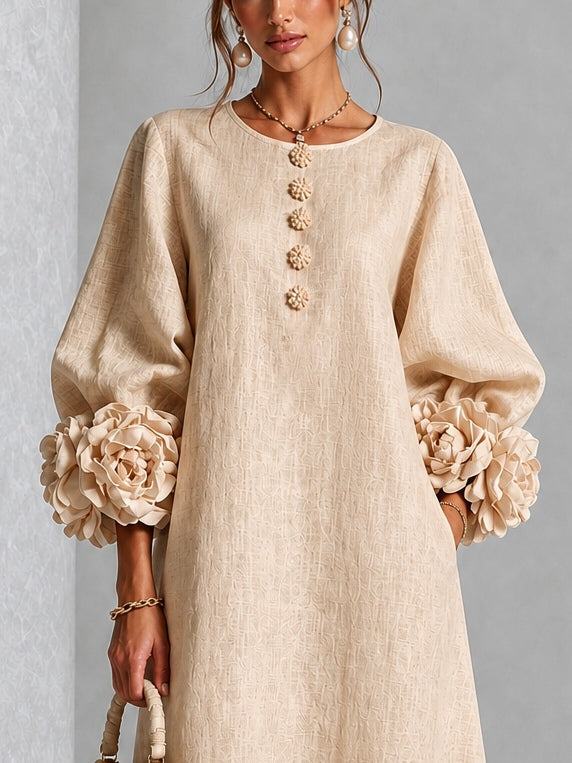 Beige Midi Dress with Flower Buttons and Extravagant Flower Sleeves
