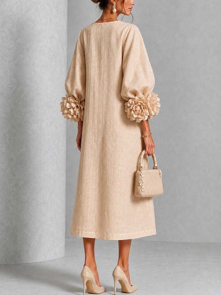 Beige Midi Dress with Flower Buttons and Extravagant Flower Sleeves