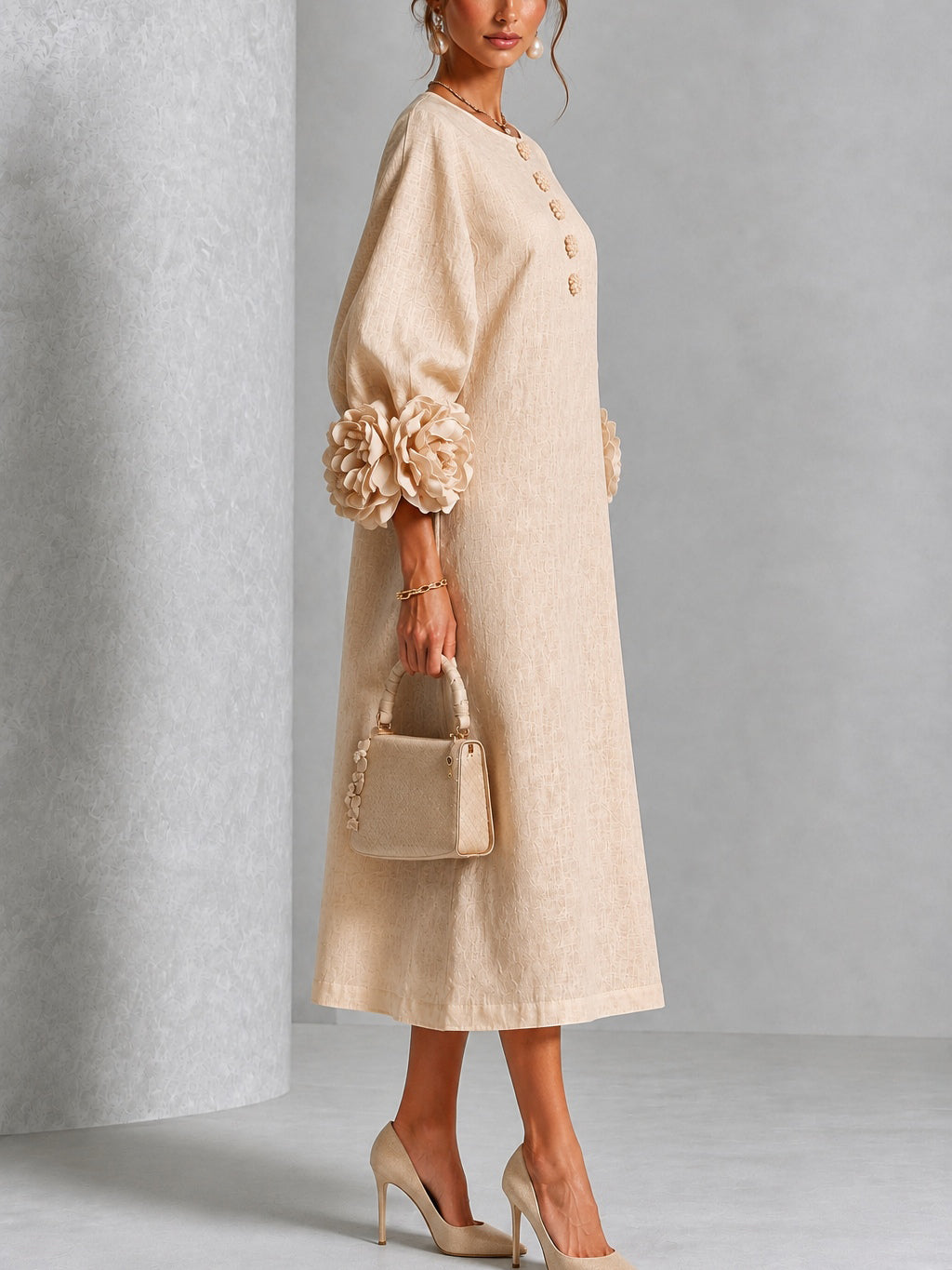 Beige Midi Dress with Flower Buttons and Extravagant Flower Sleeves