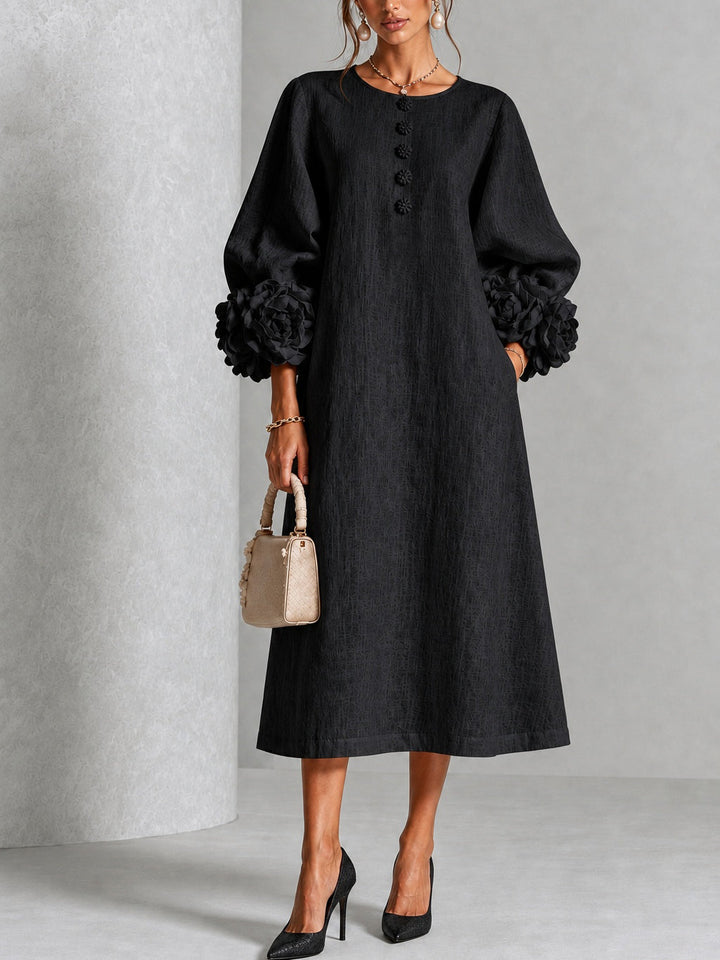 Black Floral Midi Dress with Buttons and Extravagant Floral Sleeves