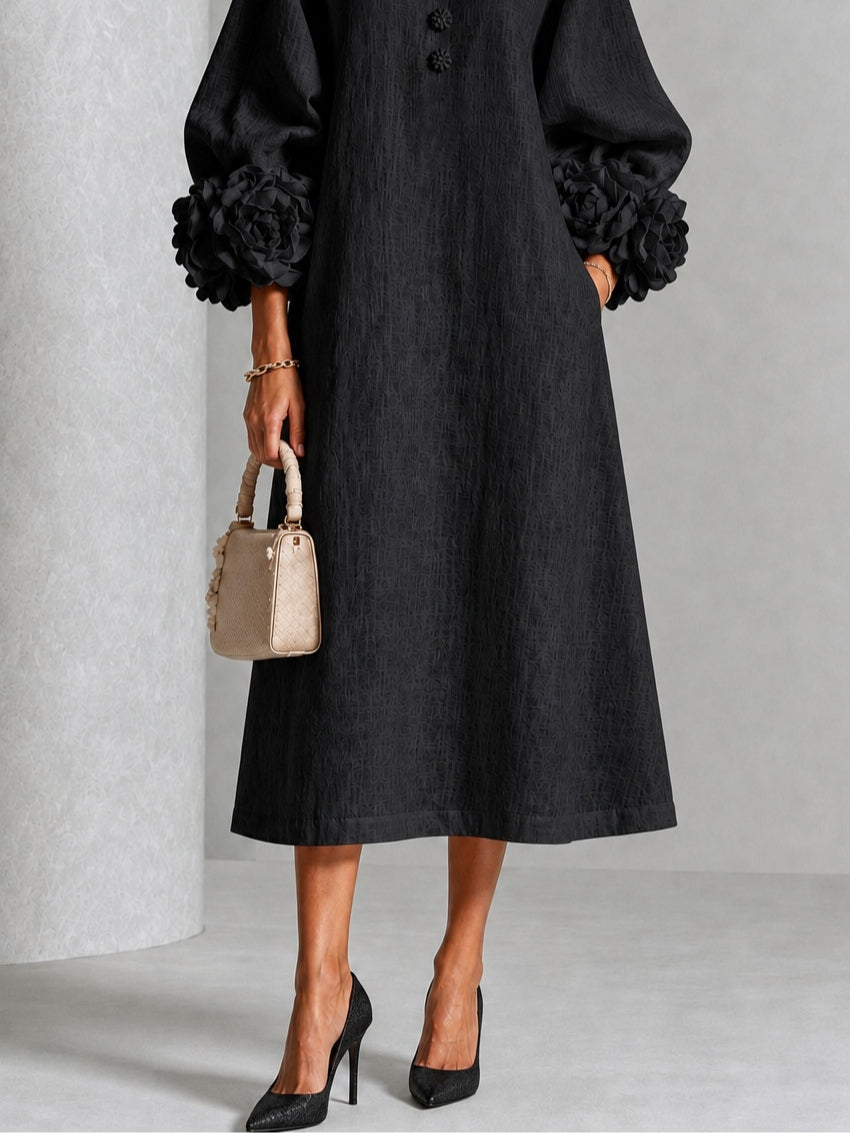 Black Floral Midi Dress with Buttons and Extravagant Floral Sleeves