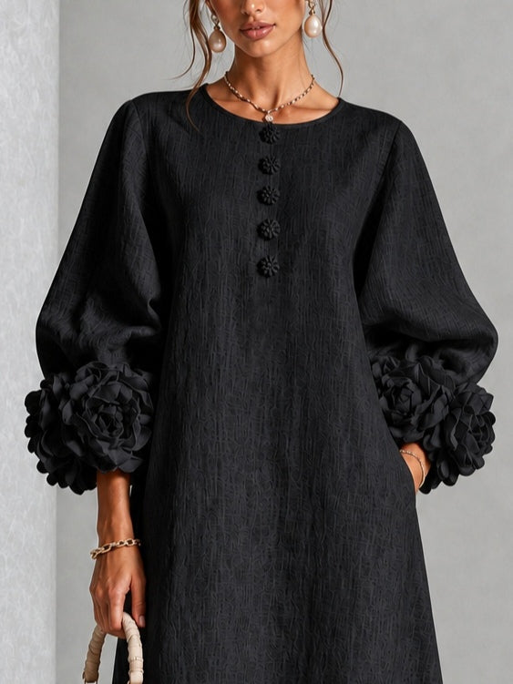 Black Floral Midi Dress with Buttons and Extravagant Floral Sleeves