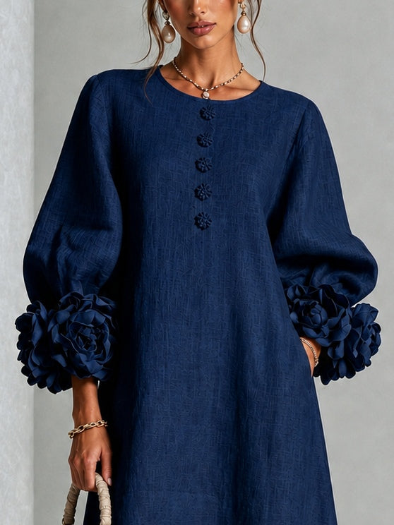 Navy Blue Midi Dress with Floral Buttons and Extravagant Floral Sleeves
