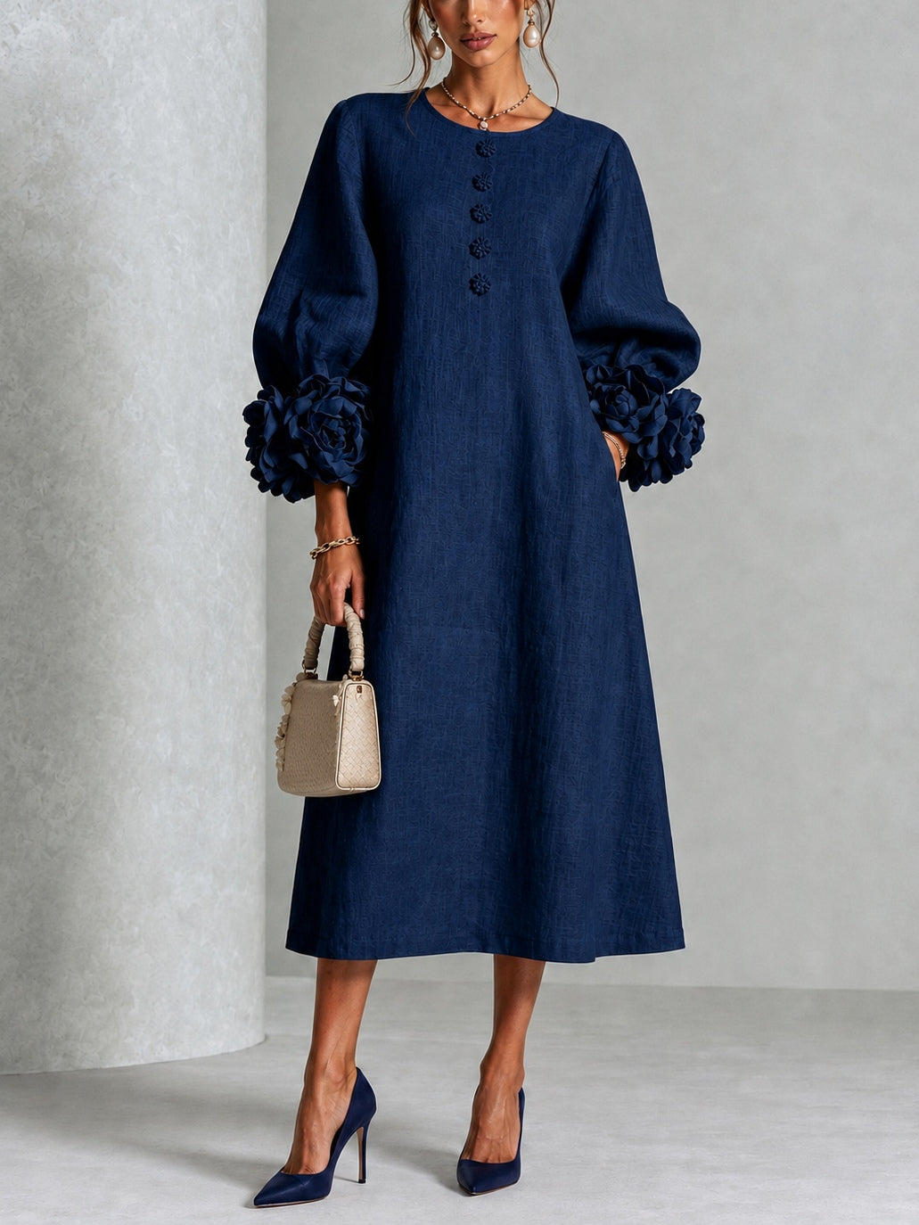 Navy Blue Midi Dress with Floral Buttons and Extravagant Floral Sleeves