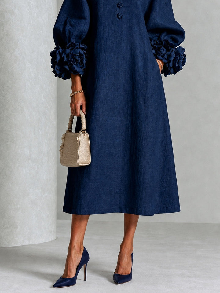 Navy Blue Midi Dress with Floral Buttons and Extravagant Floral Sleeves