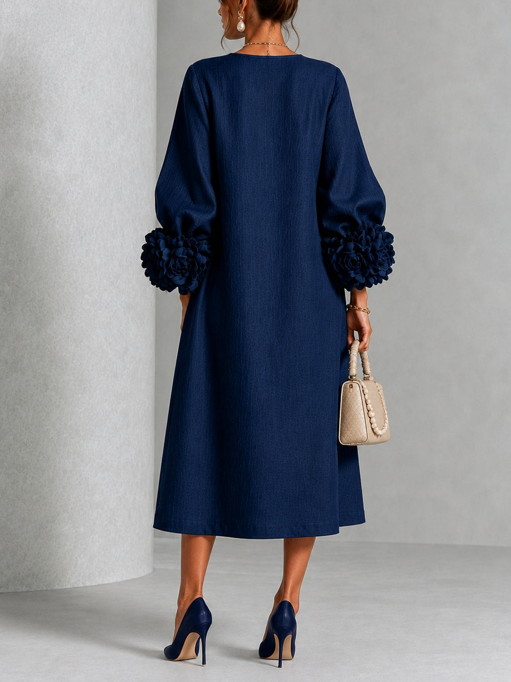 Navy Blue Midi Dress with Floral Buttons and Extravagant Floral Sleeves