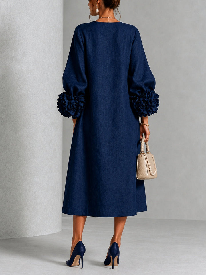 Navy Blue Midi Dress with Floral Buttons and Extravagant Floral Sleeves