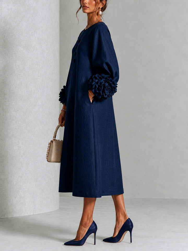 Navy Blue Midi Dress with Floral Buttons and Extravagant Floral Sleeves