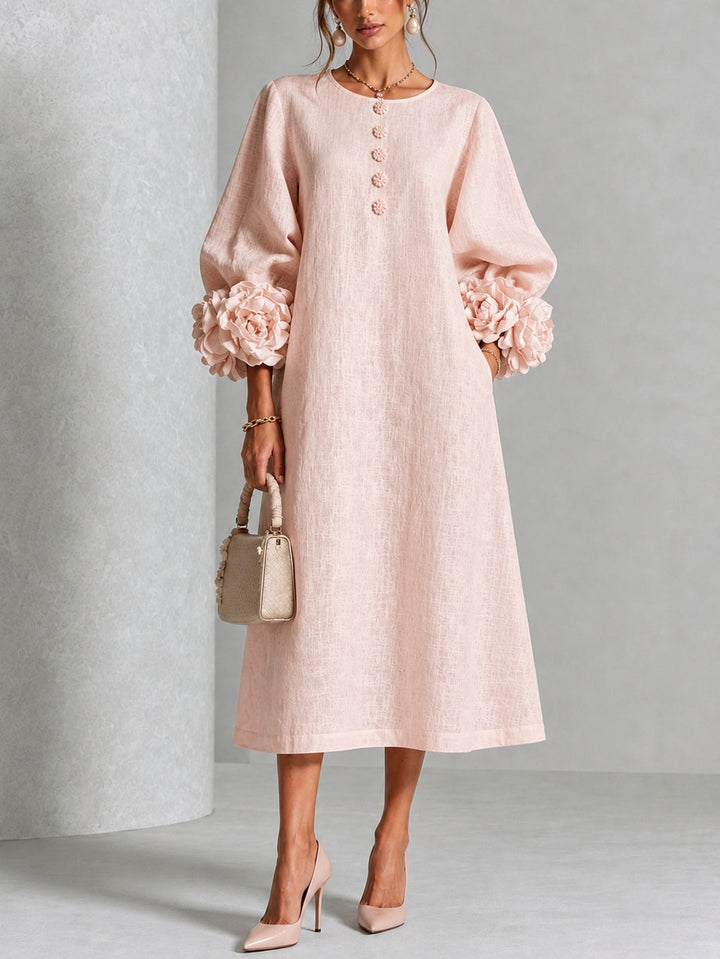 Pink Midi Dress with Flower Buttons and Extravagant Flower Sleeves