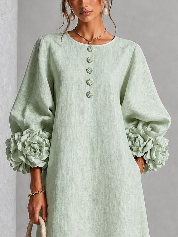 Mystic Sage Midi Dress with Flower Buttons and Extravagant Flower Sleeves