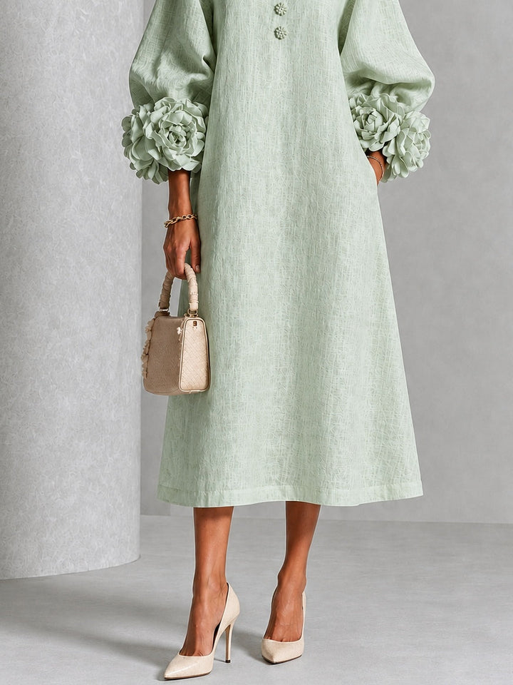 Mystic Sage Midi Dress with Flower Buttons and Extravagant Flower Sleeves