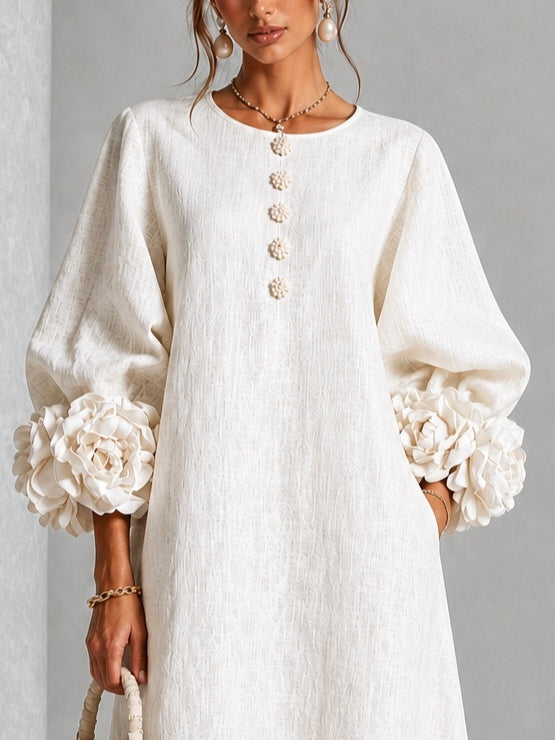 White Midi Dress with Flower Buttons and Decorated Sleeves