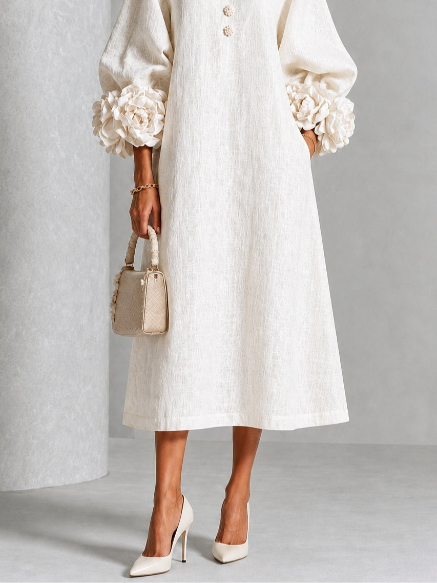 White Midi Dress with Flower Buttons and Decorated Sleeves