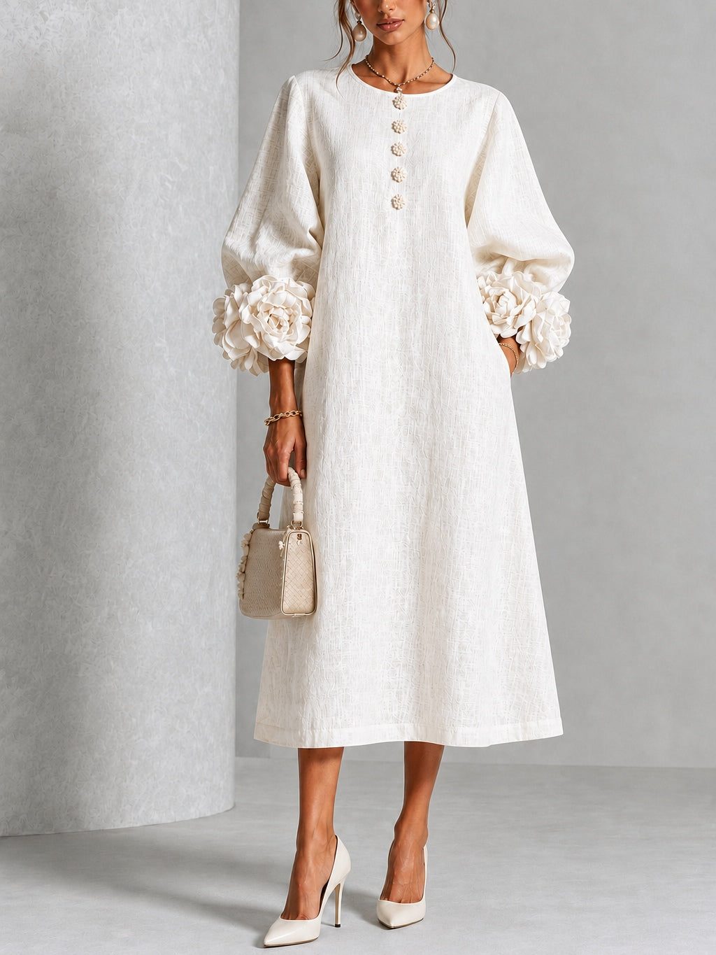 White Midi Dress with Flower Buttons and Decorated Sleeves
