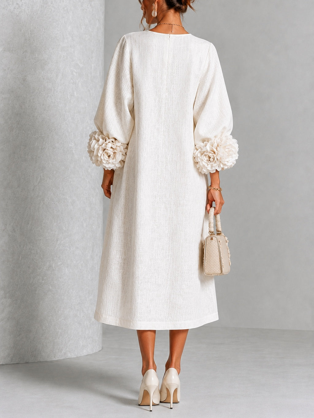 White Midi Dress with Flower Buttons and Decorated Sleeves