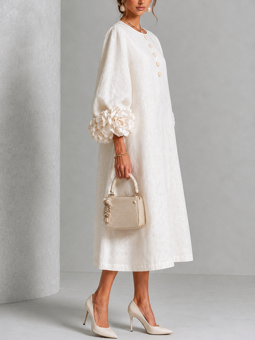 White Midi Dress with Flower Buttons and Decorated Sleeves