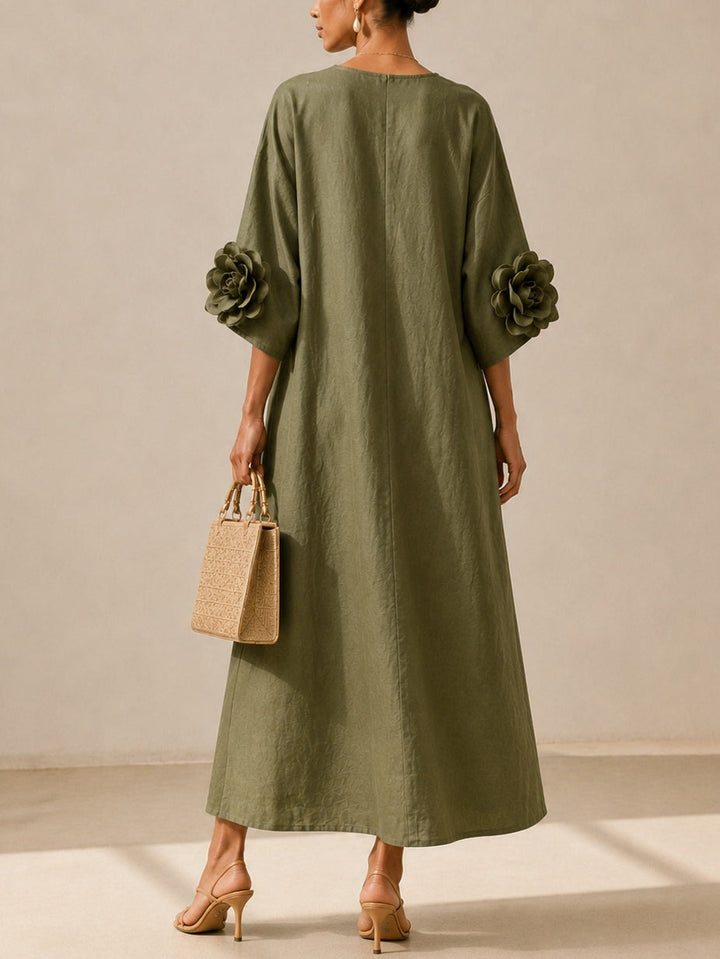 Olive Green Midi Dress with V-Neck and Extravagant Floral Sleeves
