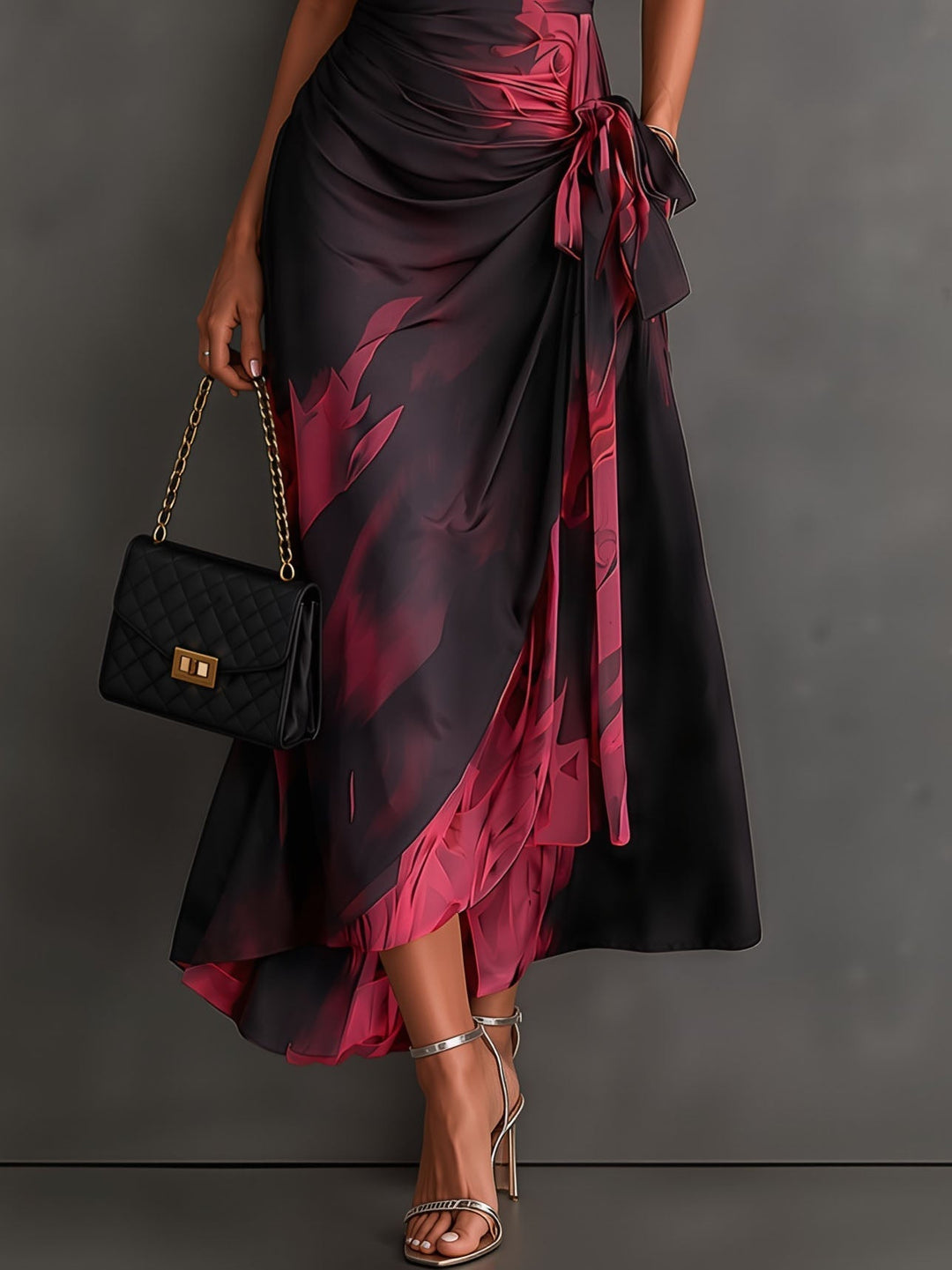 Red and Black Abstract Print Wrap Midi Dress, V-Neck Collared, Short Sleeve, Tie Waist, Asymmetrical Hem with Ruffles