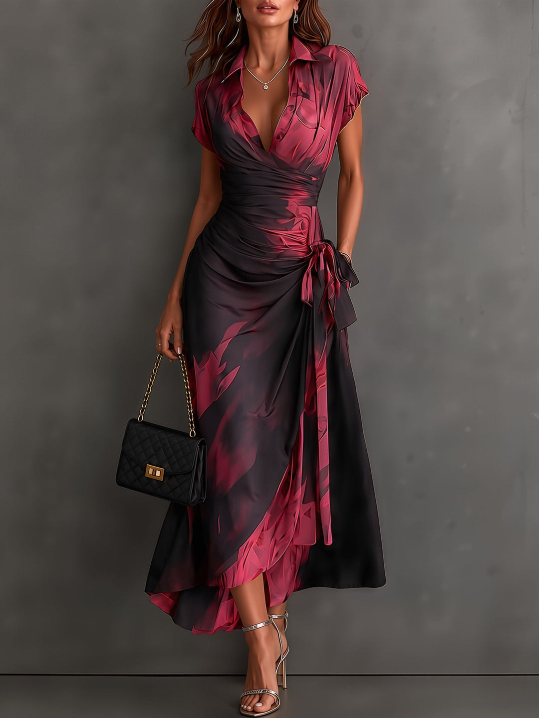 Red and Black Abstract Print Wrap Midi Dress, V-Neck Collared, Short Sleeve, Tie Waist, Asymmetrical Hem with Ruffles